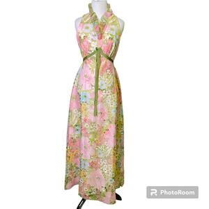 Vintage 60s Floral Dress Size 9/10 Empire Waist Pink Green Sleeveless Garden